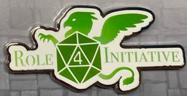 Role 4 Initiative soft enamel pin showing full logo with name, griffin and d20