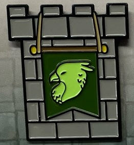 Soft enamel pin showing the top of a gray stone tower, and a Griffin head on a green banner hanging down from the crenellations