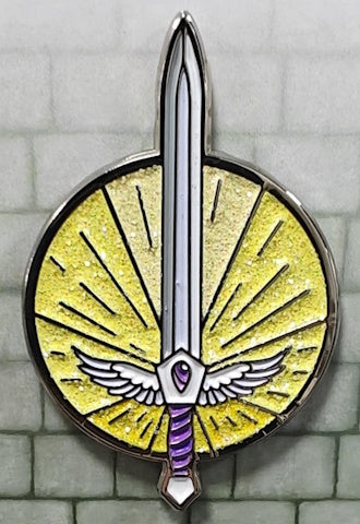 Soft enamel pin depicting a Paladin's white and purple sword, with rays of 2 shades of yellow glitter in a circle behind part of the sword, depicting the magic this character uses.