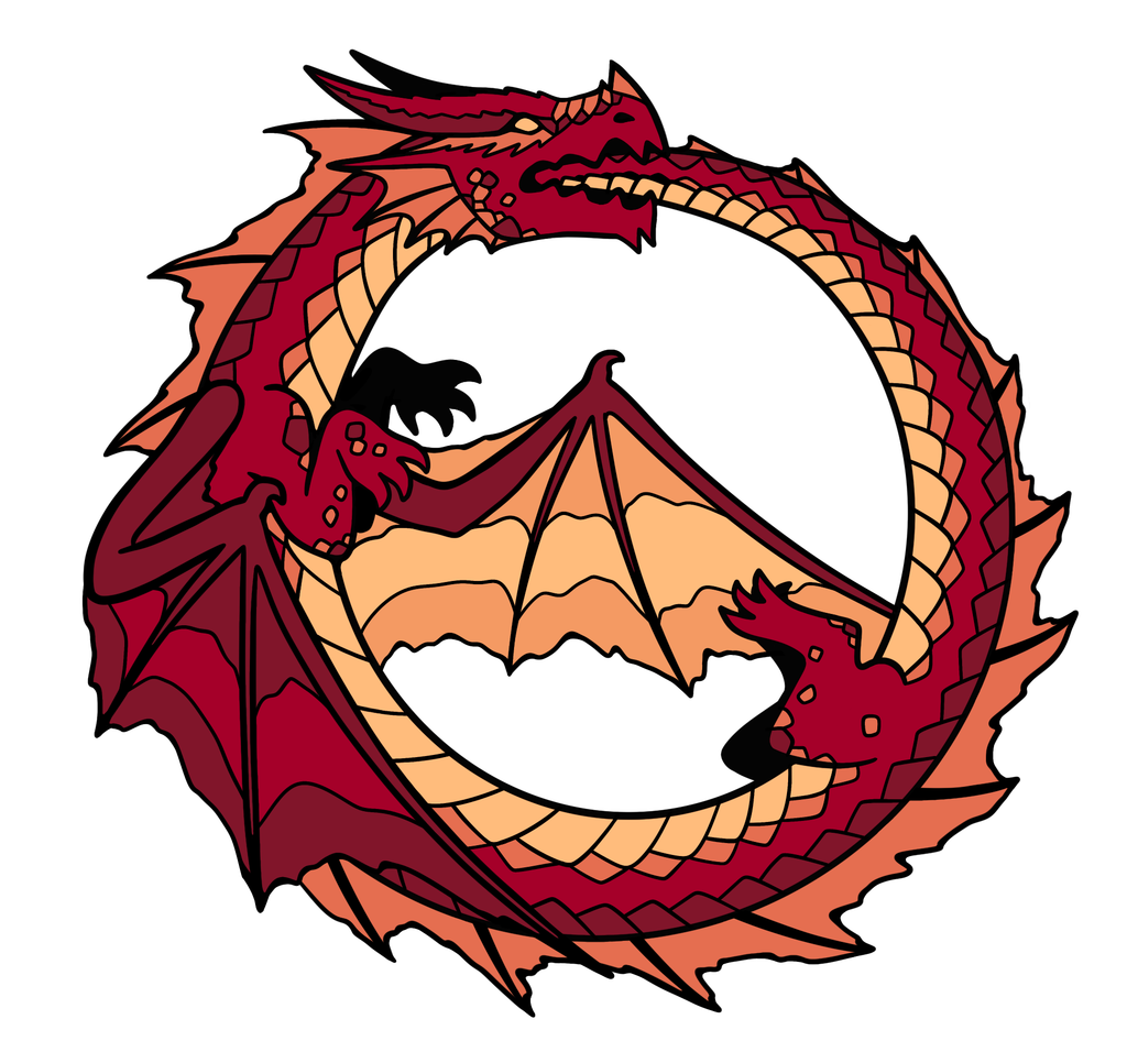Artist rendering of Ourobouros red dragon illustration on a white background.