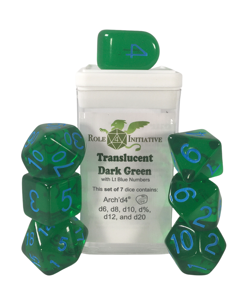 Translucent Dark Green w/ Lt Blue Ink - Set of 7 Dice