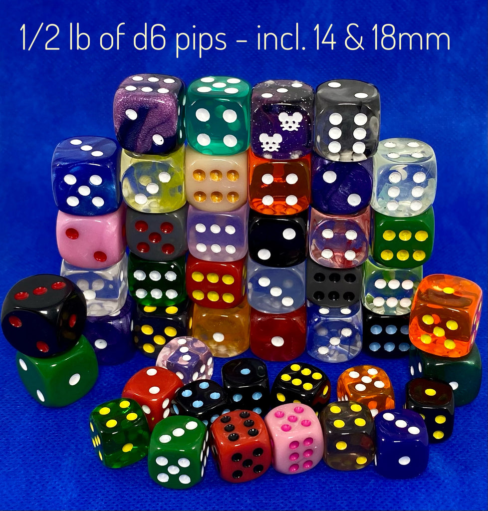 Image of 1/2 pound of d6 pips, in both 14mm & 18mm sizes, in various colors and styles across all of our product lines, but they may also include unreleased factory prototypes or discontinued colors. This selection includes roughly 40 dice by weight.