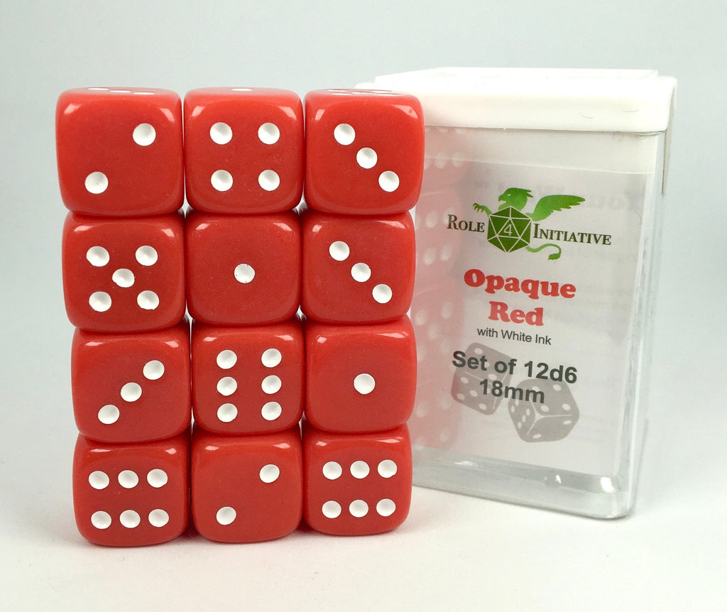 Opaque Red w/ White Ink - Set of 12d6 pips 18mm Dice