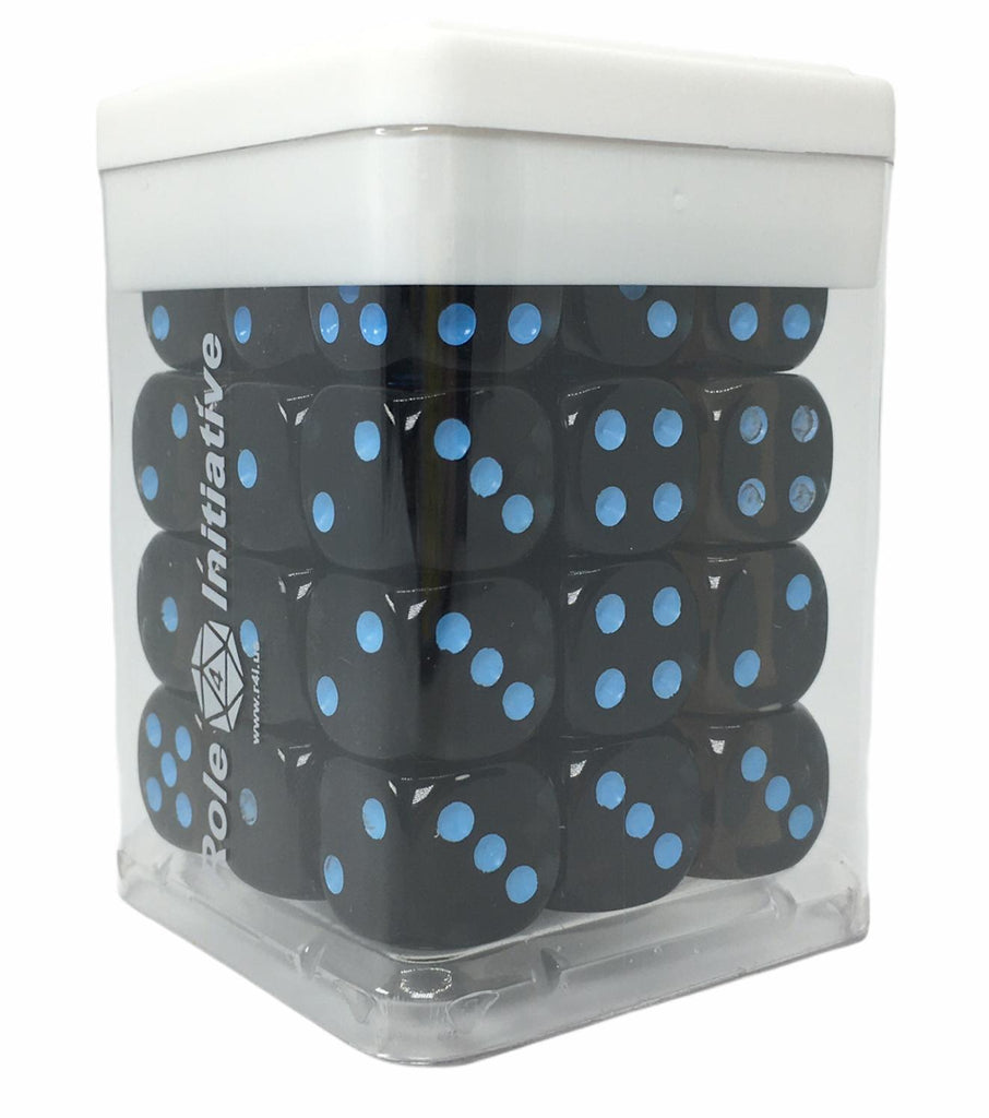 Opaque Black w/ Lt Blue Ink - Set of 36d6 pips 14mm Dice