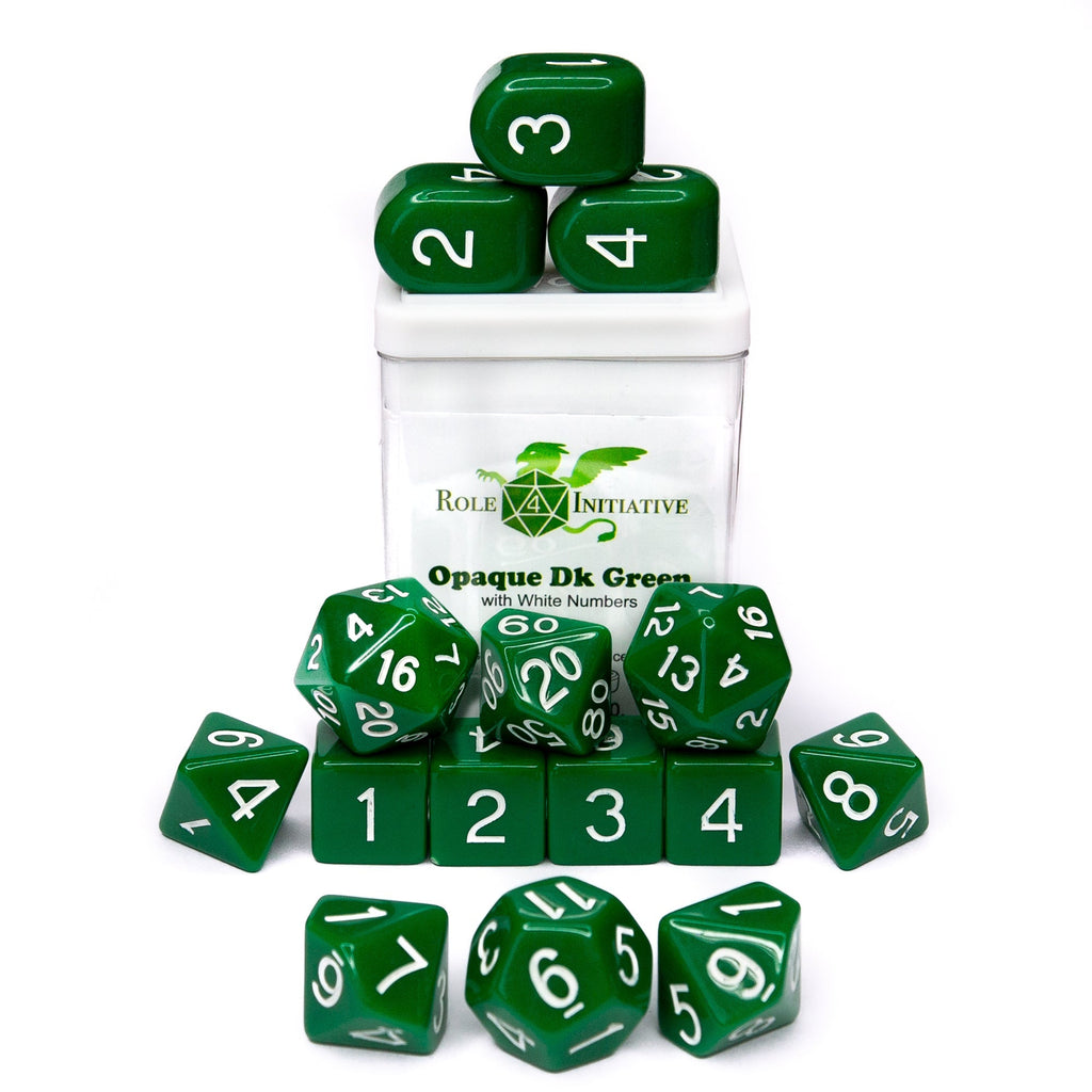 Opaque Dark Green w/ White Ink - Set of 15 Dice