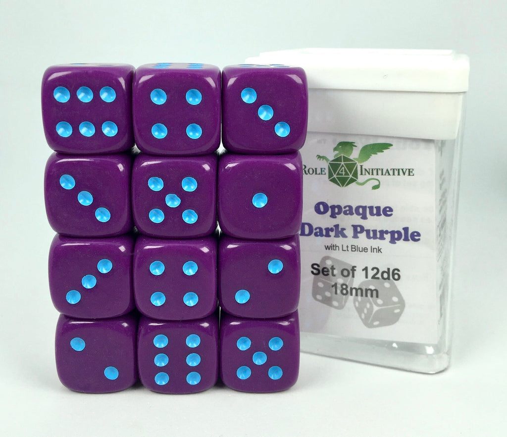 Opaque Dark Purple w/ Lt Blue Ink - Set of 12d6 pips 18mm Dice