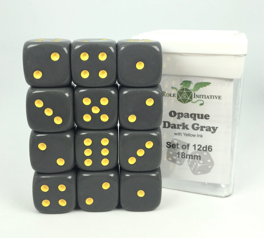 Opaque Dark Gray w/ Yellow Ink - Set of 12d6 pips 18mm Dice