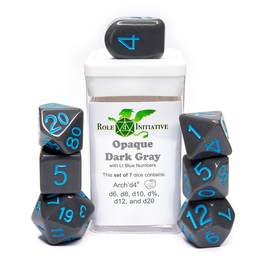 Opaque Dark Gray w/ Lt Blue Ink - Set of 7 Dice