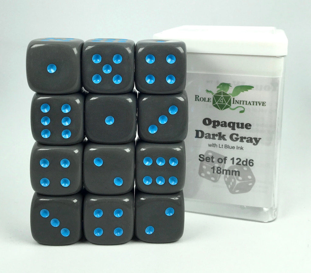 Opaque Dark Gray w/ Lt Blue Ink - Set of 12d6 pips 18mm Dice