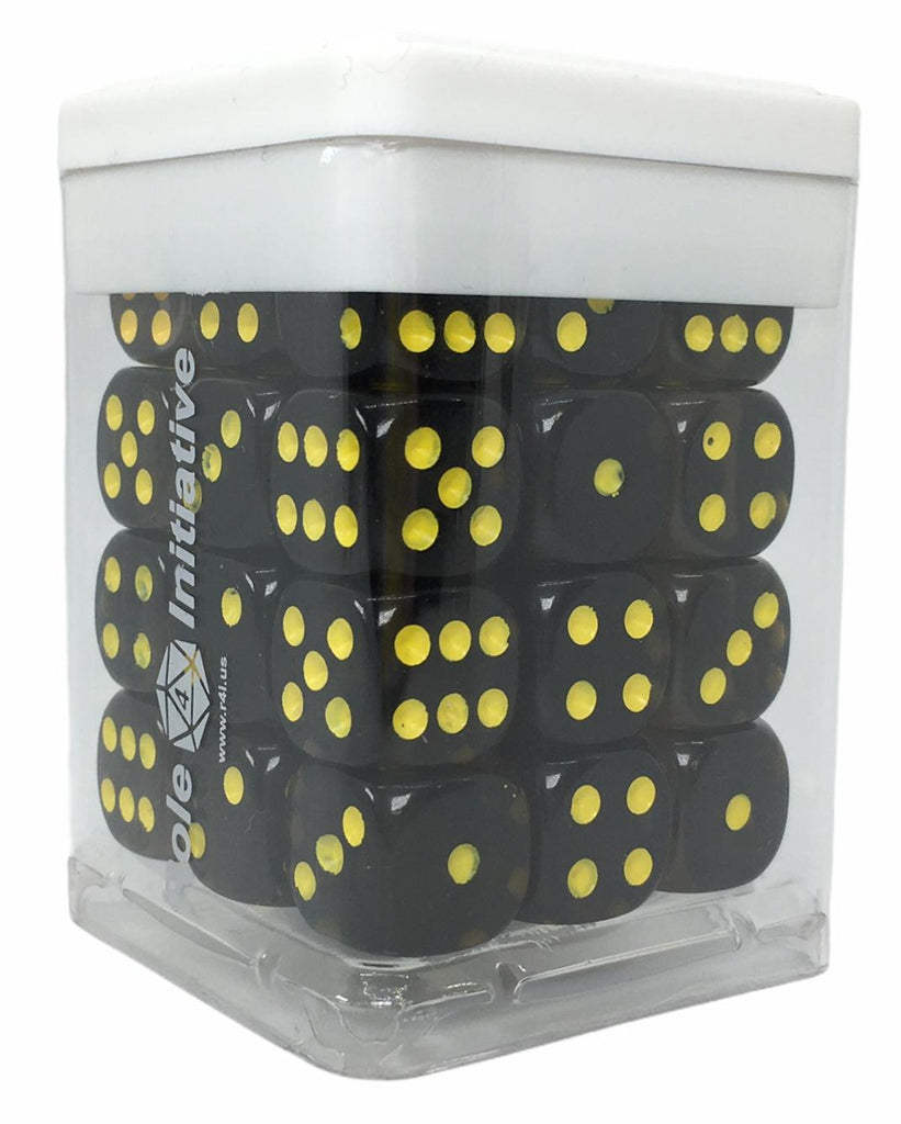 Translucent Black (Smoke) w/ Yellow Ink - Set of 36d6 pips 14mm Dice