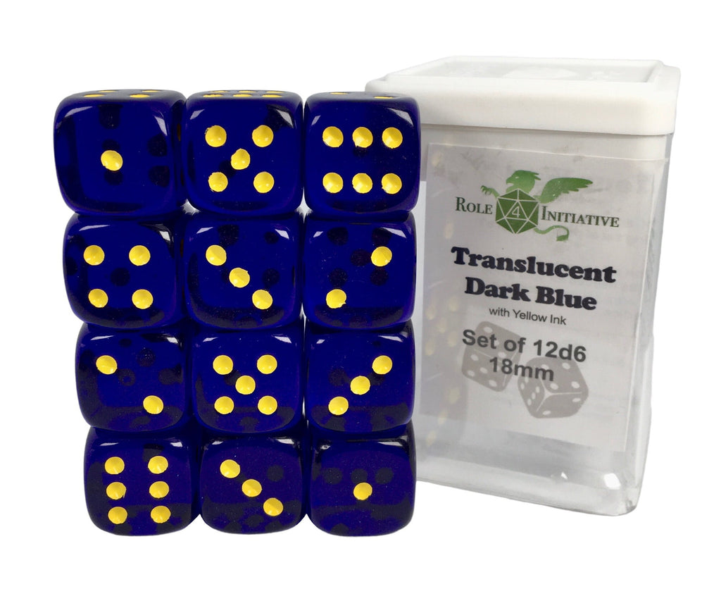 Translucent Dark Blue w/ Yellow Ink - Set of 12d6 pips 18mm Dice