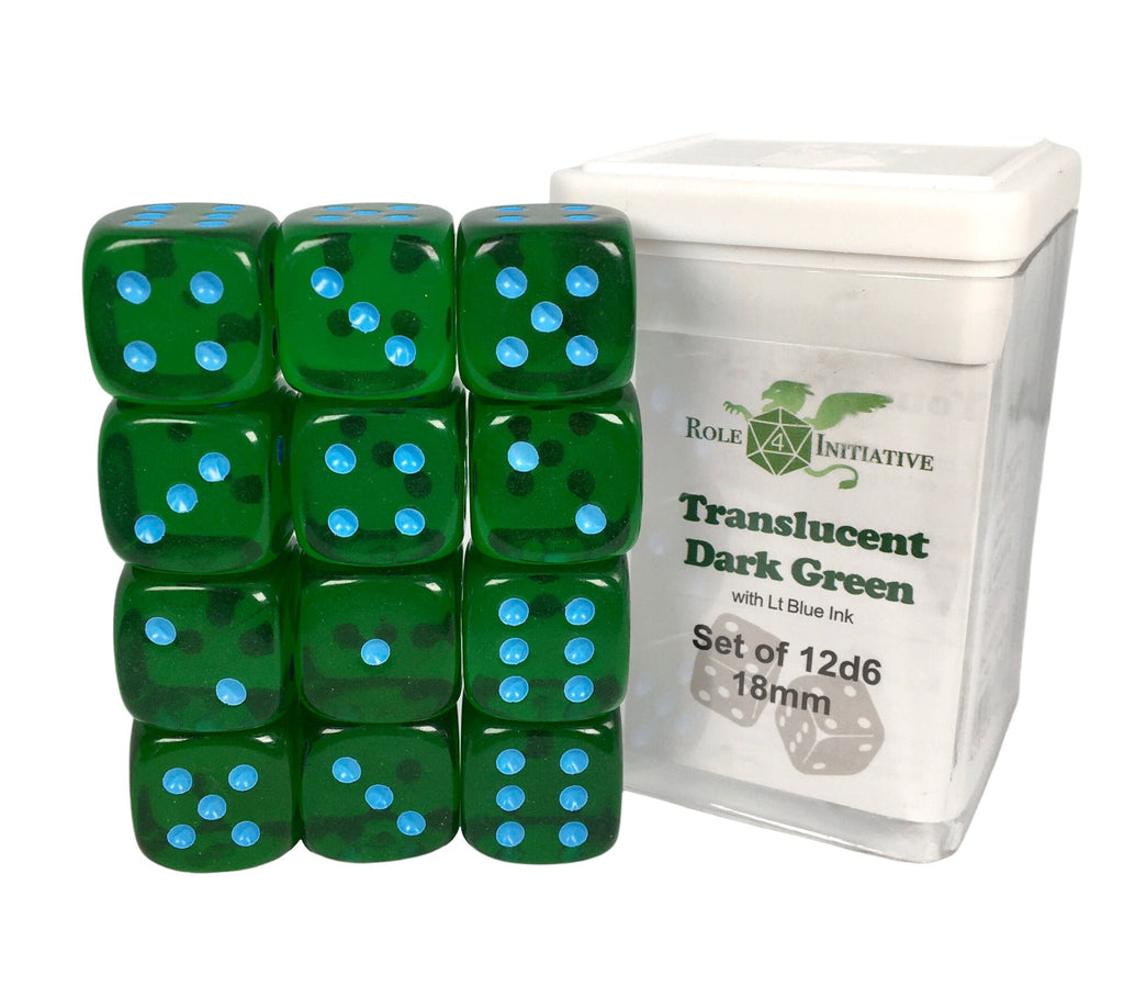 Translucent Dark Green w/ Lt Blue Ink - Set of 12d6 pips 18mm Dice