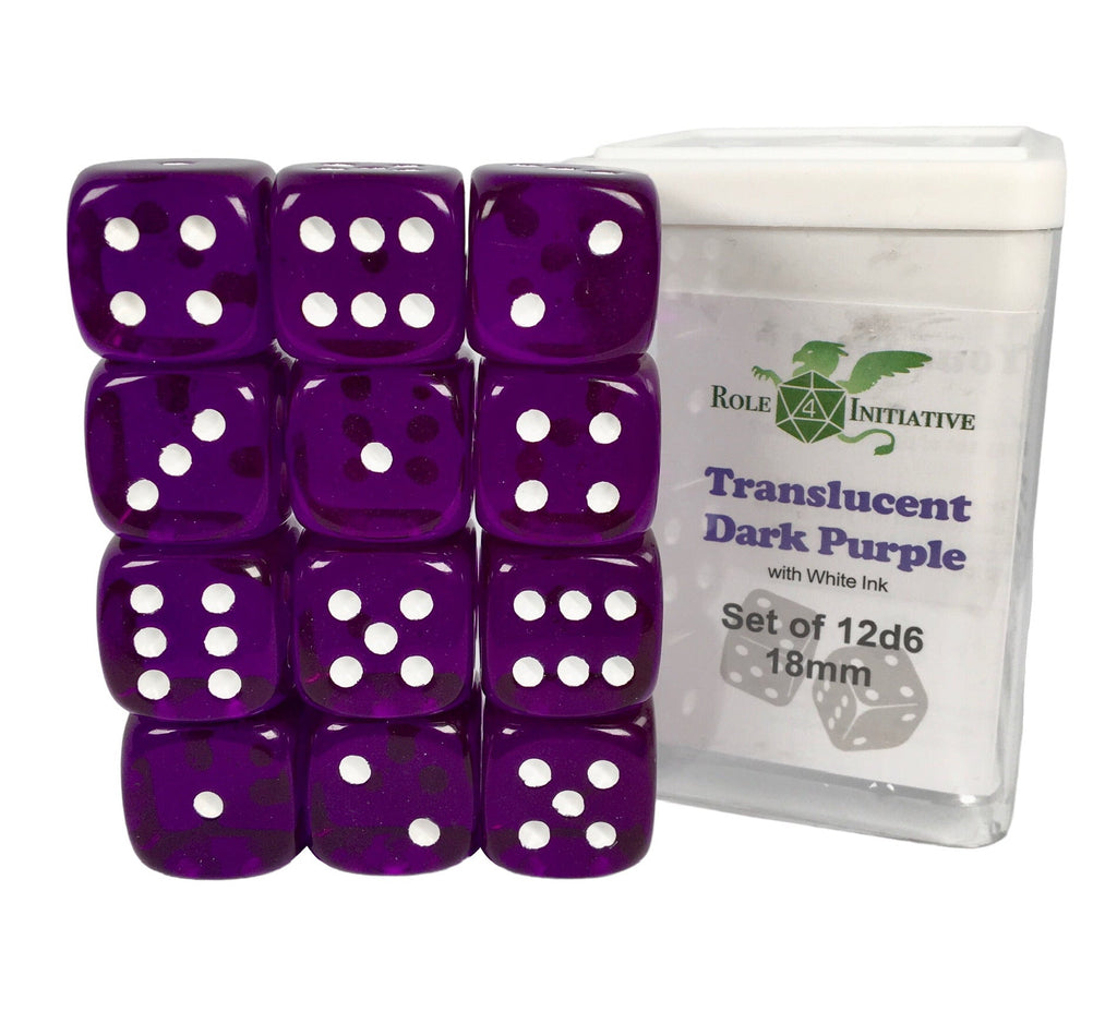 Translucent Dark Purple w/ White Ink - Set of 12d6 pips 18mm Dice