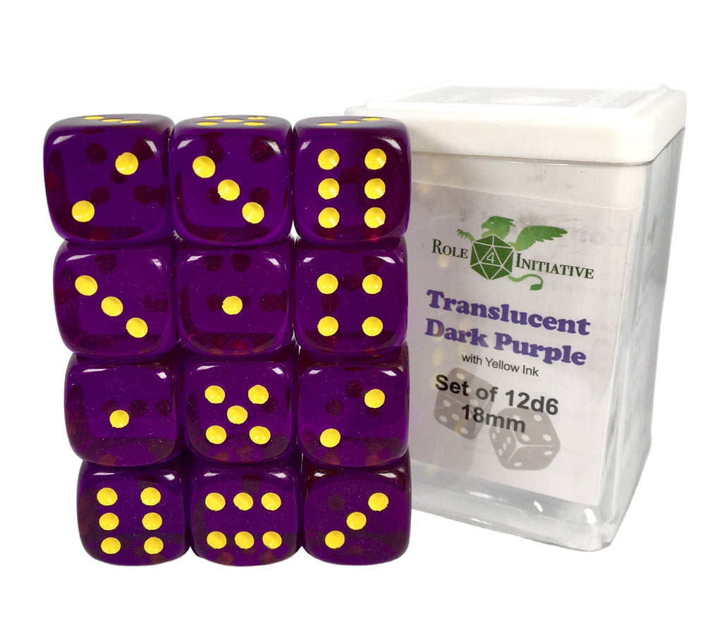 Translucent Dark Purple w/ Yellow Ink - Set of 12d6 pips 18mm Dice