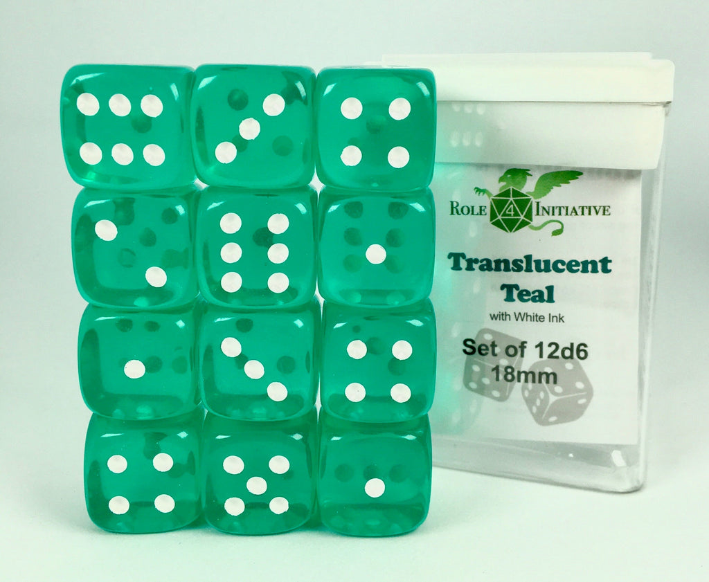 Translucent Teal w/ White - Set of 12d6 pips 18mm Dice