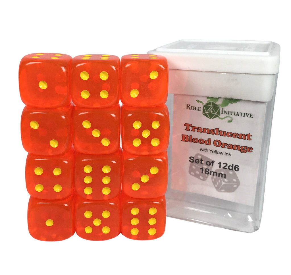 Translucent Blood Orange w/ Yellow Ink - Set of 12d6 pips 18mm Dice