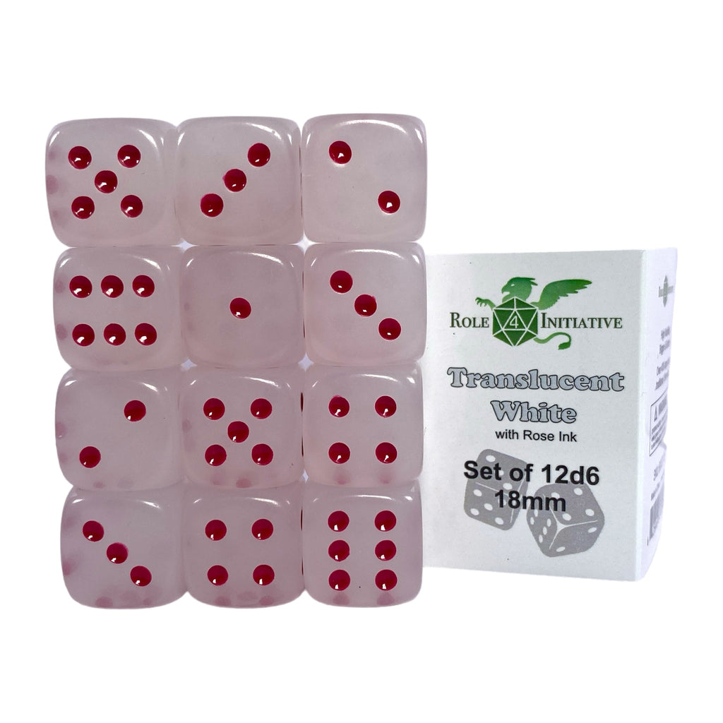 Translucent White w/ Rose Ink - Set of 12d6 pips 18mm Dice