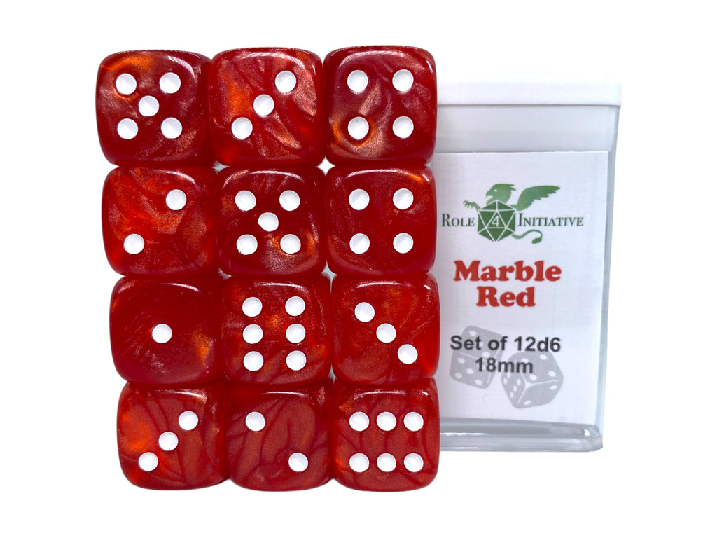 Set of 12 d6 pips in Marble Red, shown with the dice box. The marble finish gives a shiny, swirled look to the dice.