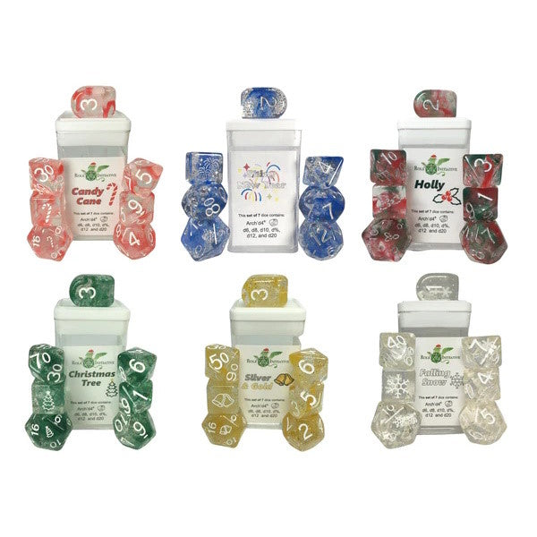A dice bundle consisting of 6 sets of 7 from our Happy Holidice line.