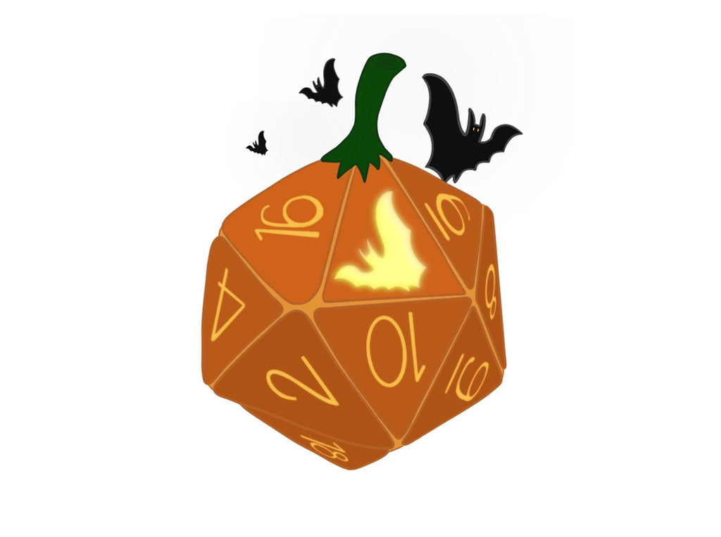 This sticker shows a pumpkin in the shape of a d20. It has a green stem, and 3 bats flying above it. It has the numbered sequence of our Balance'd20, w/ a glowing bat shape carved in the pumpkin in place of the d20.