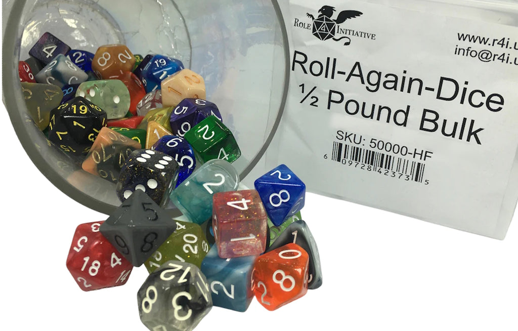 Image of 1/2 pound of dice in all 7 shapes plus d6 pips, both traditional d4s and Arch'd4s, artistically spilling out of a jar (not included), with a product label. These come in various colors and styles across all of our product lines, but they may also include unreleased factory prototypes or discontinued colors. This selection includes roughly 50 dice by weight.
